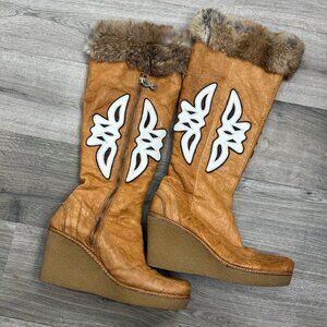 Modern Vintage Camel Leather Tall Wedge Platform Boots Fur Lined Trim Shoe 8